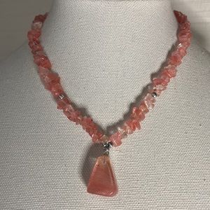 Blush pink quartz chip stone necklace with medallion